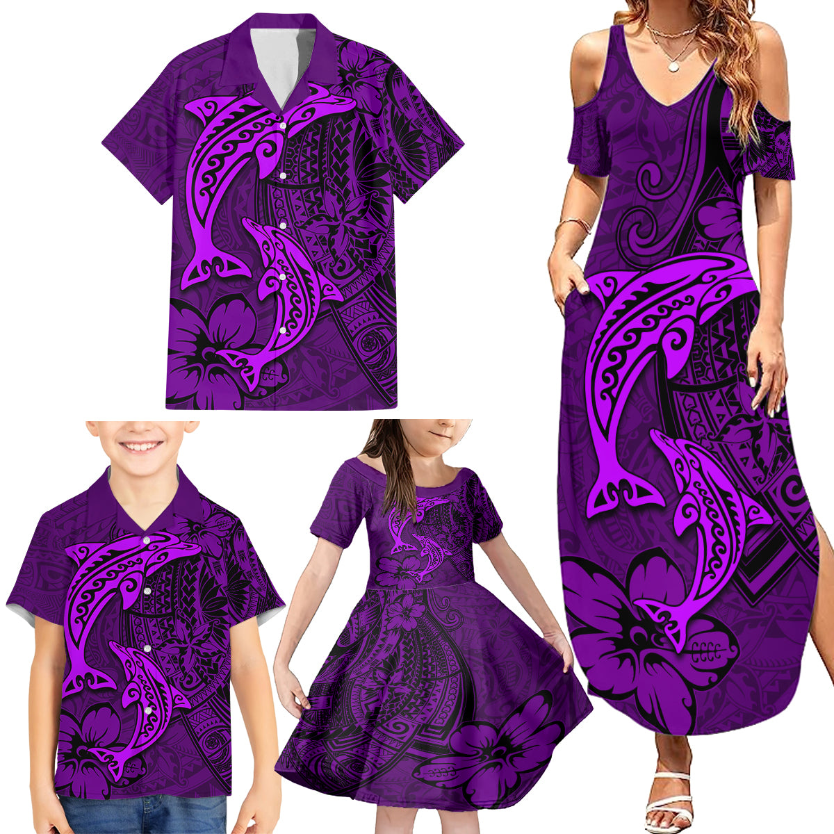 Polynesian Dolphin Valentine Day Family Matching Summer Maxi Dress and Hawaiian Shirt Hibiscus and Tribal Tattoo Purple Style LT03 - Polynesian Pride