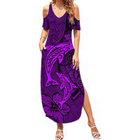 Polynesian Dolphin Valentine Day Family Matching Summer Maxi Dress and Hawaiian Shirt Hibiscus and Tribal Tattoo Purple Style LT03 Mom's Dress Purple - Polynesian Pride