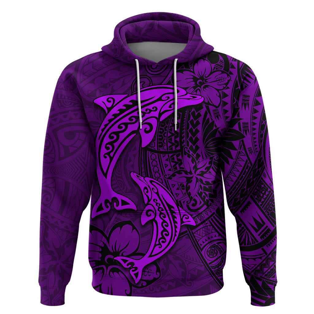 Polynesian Dolphin Valentine Day Hoodie Hibiscus and Tribal Tattoo Purple Style LT03 Pullover Hoodie Purple - Polynesian Pride