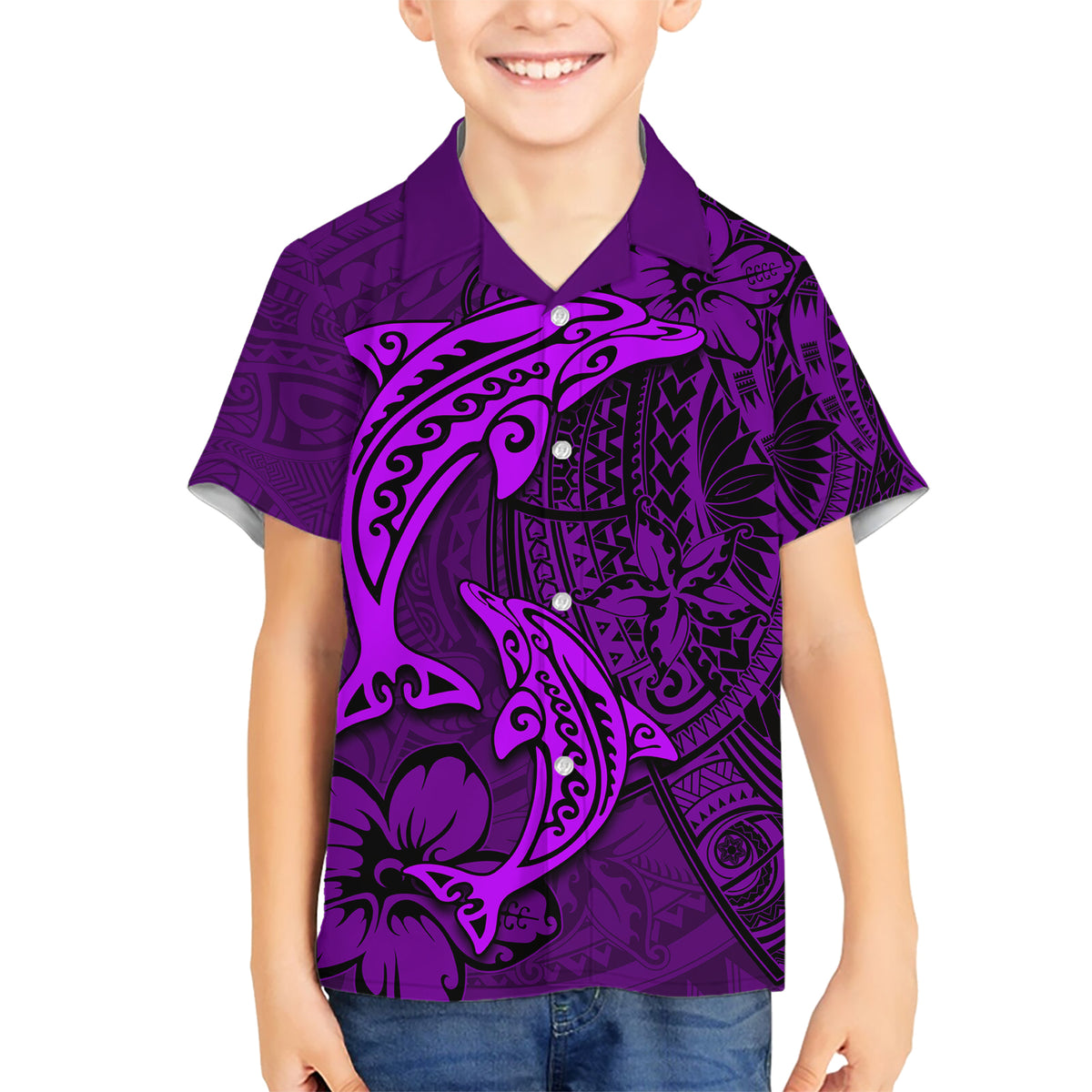 Polynesian Dolphin Valentine Day Kid Hawaiian Shirt Hibiscus and Tribal Tattoo Purple Style LT03 Kid Purple - Polynesian Pride