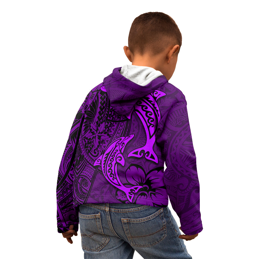 Polynesian Dolphin Valentine Day Kid Hoodie Hibiscus and Tribal Tattoo Purple Style LT03 - Polynesian Pride