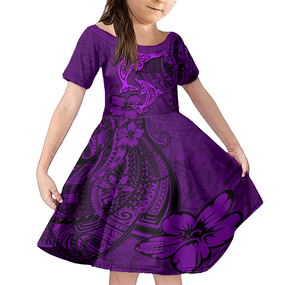 Polynesian Dolphin Valentine Day Kid Short Sleeve Dress Hibiscus and Tribal Tattoo Purple Style LT03 KID Purple - Polynesian Pride