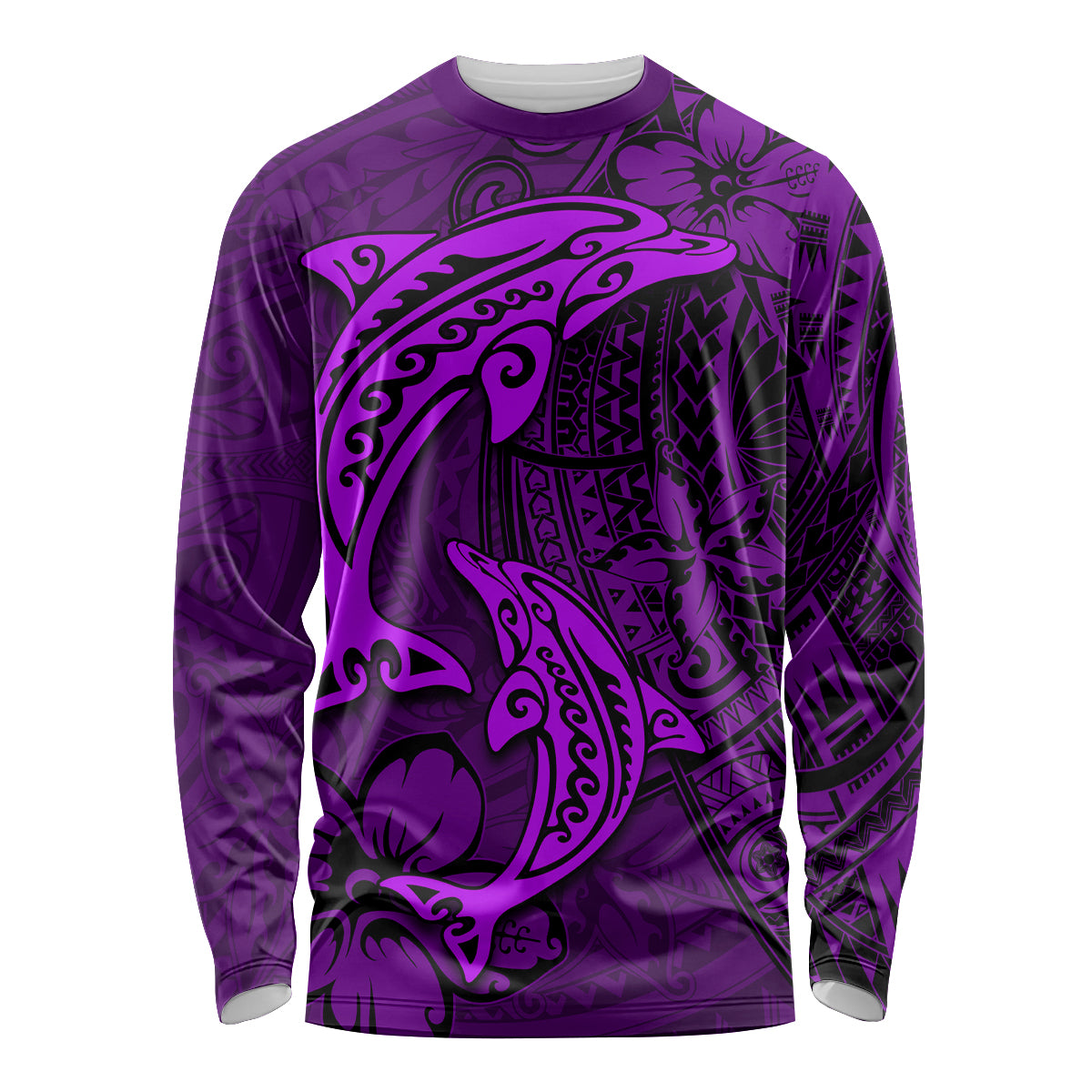 Polynesian Dolphin Valentine Day Long Sleeve Shirt Hibiscus and Tribal Tattoo Purple Style LT03 Unisex Purple - Polynesian Pride