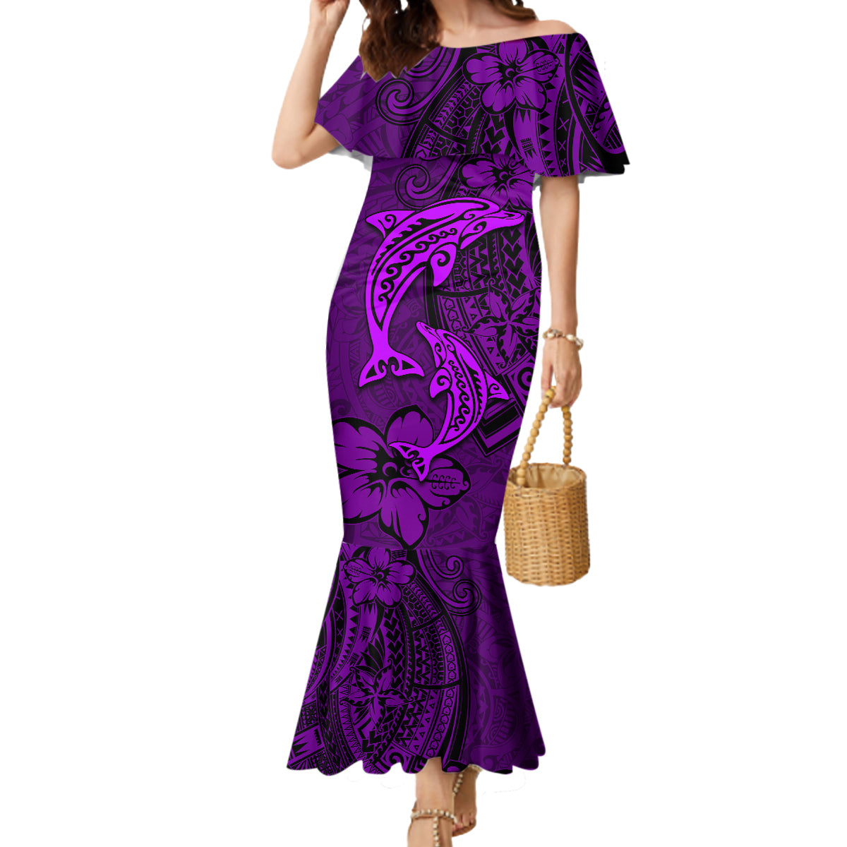 Polynesian Dolphin Valentine Day Mermaid Dress Hibiscus and Tribal Tattoo Purple Style LT03 Women Purple - Polynesian Pride