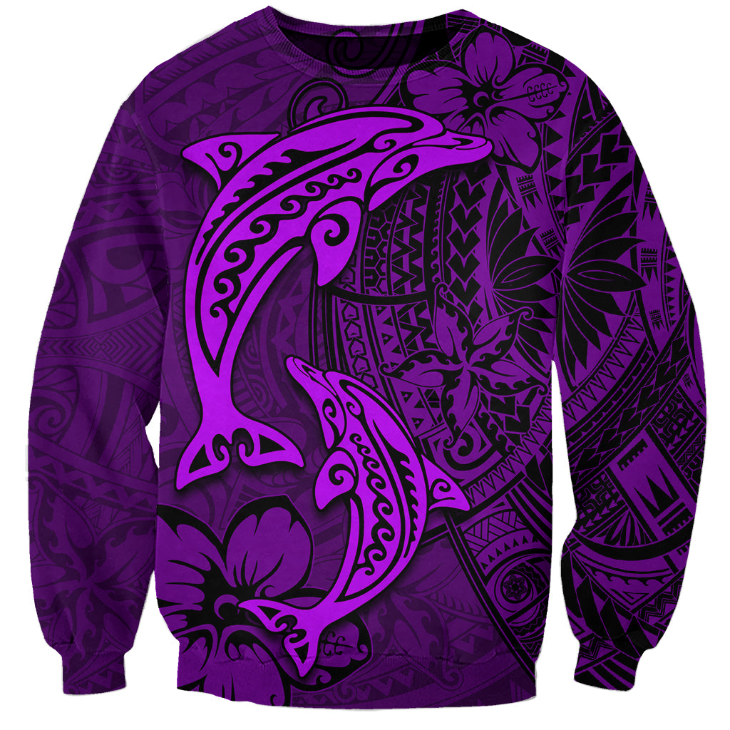 Polynesian Dolphin Valentine Day Sweatshirt Hibiscus and Tribal Tattoo Purple Style LT03 Unisex Purple - Polynesian Pride