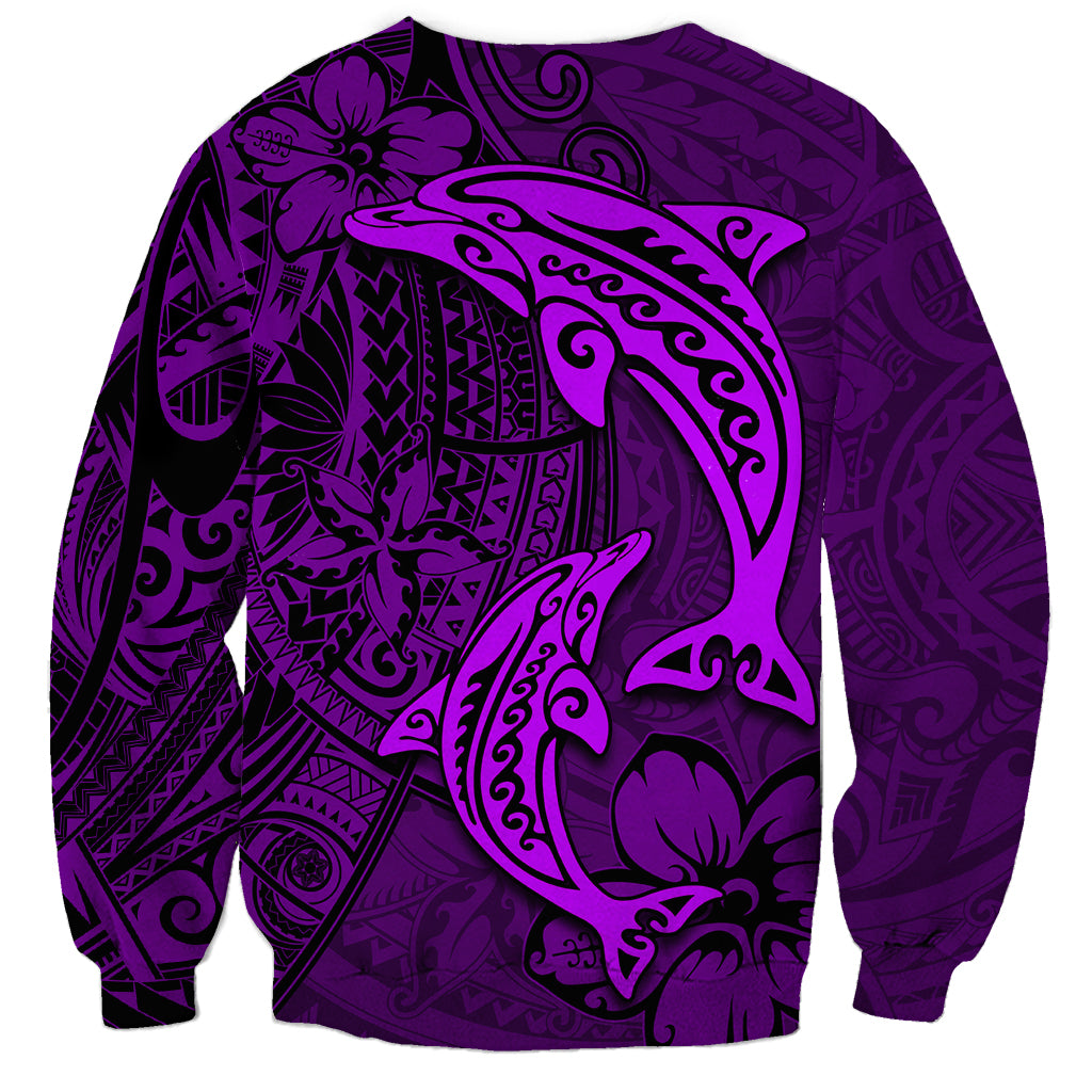 Polynesian Dolphin Valentine Day Sweatshirt Hibiscus and Tribal Tattoo Purple Style LT03 - Polynesian Pride