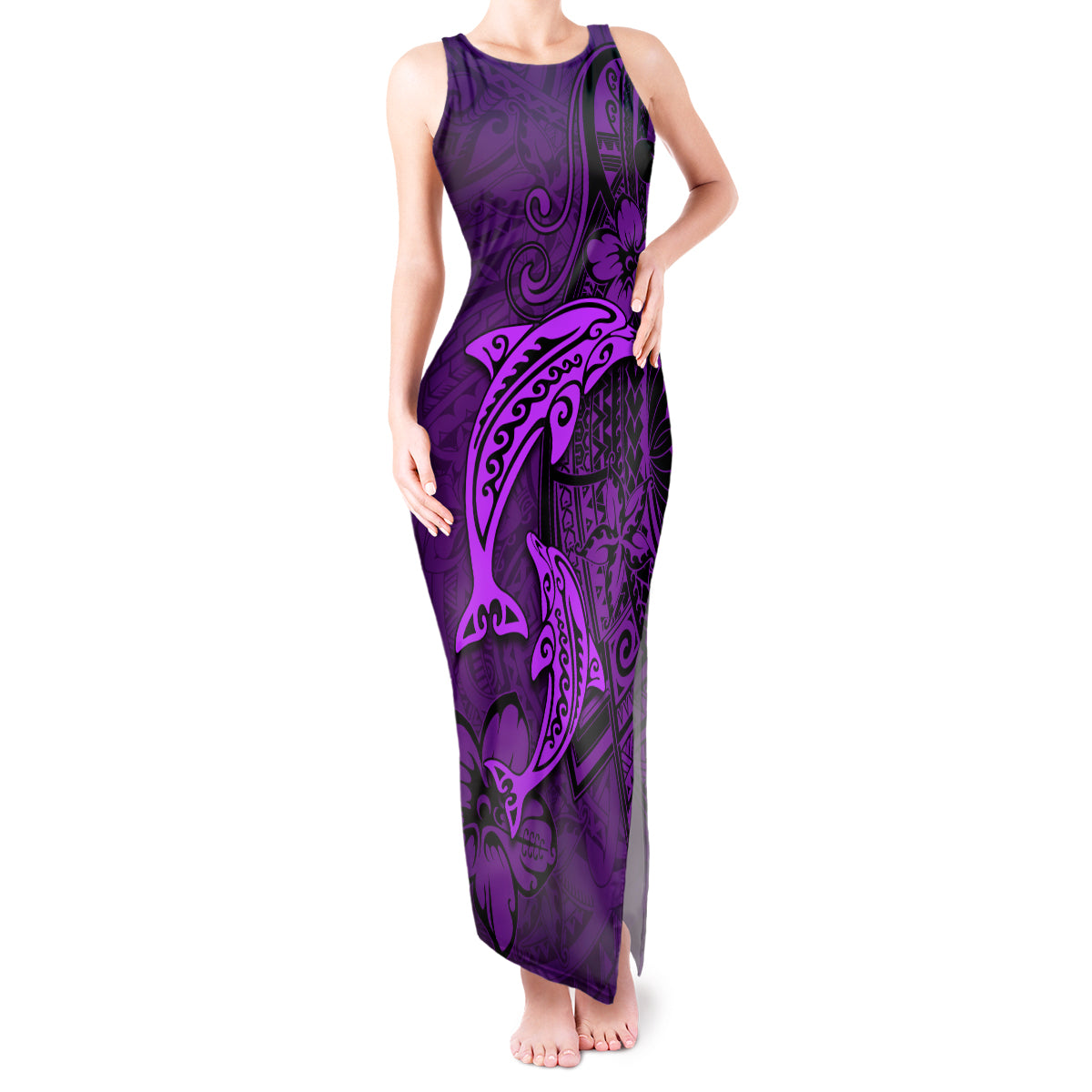 Polynesian Dolphin Valentine Day Tank Maxi Dress Hibiscus and Tribal Tattoo Purple Style LT03 Women Purple - Polynesian Pride