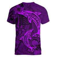 Polynesian Dolphin Valentine Day Women V Neck T Shirt Hibiscus and Tribal Tattoo Purple Style LT03 - Polynesian Pride