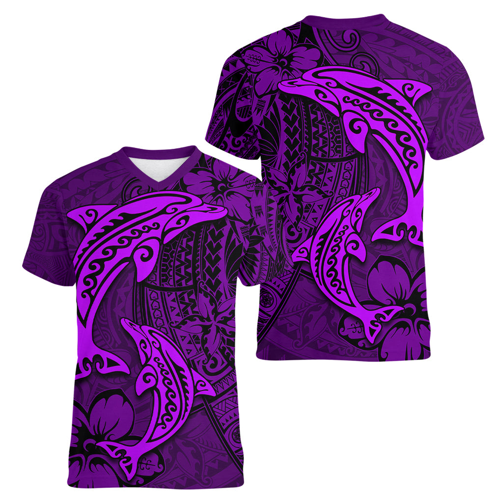 Polynesian Dolphin Valentine Day Women V Neck T Shirt Hibiscus and Tribal Tattoo Purple Style LT03 - Polynesian Pride