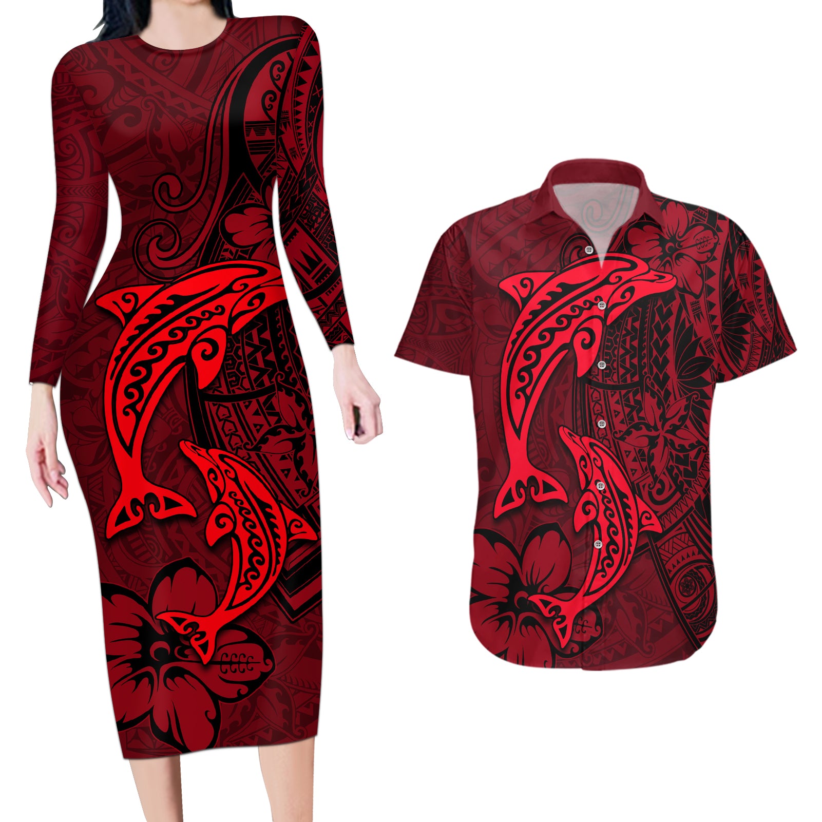 Polynesian Dolphin Valentine Day Couples Matching Long Sleeve Bodycon Dress and Hawaiian Shirt Hibiscus and Tribal Tattoo Red Style LT03 Red - Polynesian Pride