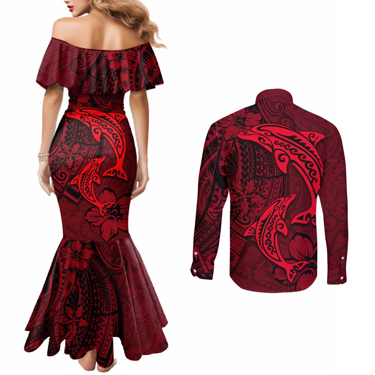 Polynesian Dolphin Valentine Day Couples Matching Mermaid Dress and Long Sleeve Button Shirt Hibiscus and Tribal Tattoo Red Style LT03 - Polynesian Pride