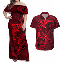 Polynesian Dolphin Valentine Day Couples Matching Off Shoulder Maxi Dress and Hawaiian Shirt Hibiscus and Tribal Tattoo Red Style LT03 Red - Polynesian Pride