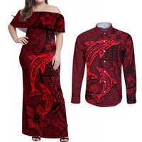 Polynesian Dolphin Valentine Day Couples Matching Off Shoulder Maxi Dress and Long Sleeve Button Shirt Hibiscus and Tribal Tattoo Red Style LT03 Red - Polynesian Pride