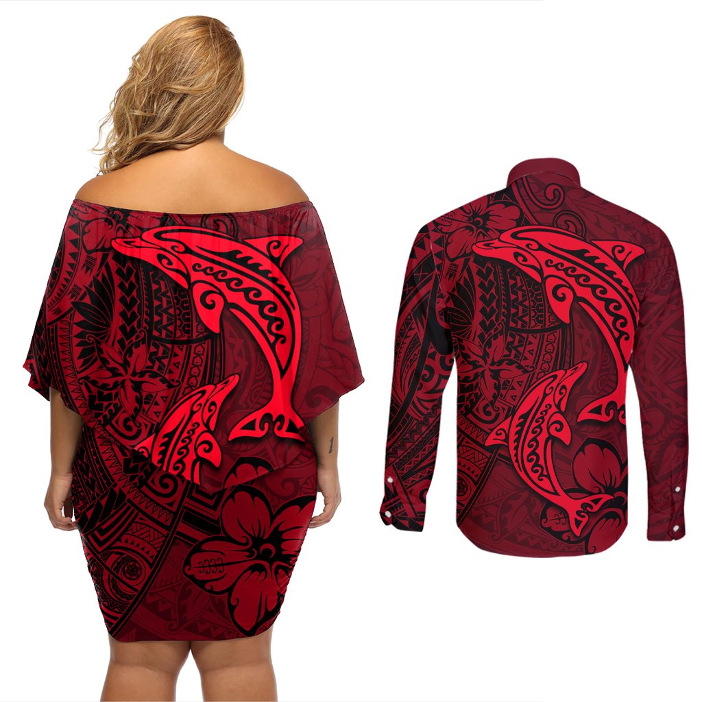 Polynesian Dolphin Valentine Day Couples Matching Off Shoulder Short Dress and Long Sleeve Button Shirt Hibiscus and Tribal Tattoo Red Style LT03 - Polynesian Pride