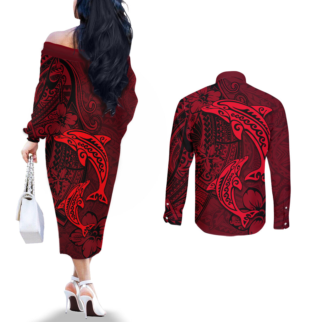 Polynesian Dolphin Valentine Day Couples Matching Off The Shoulder Long Sleeve Dress and Long Sleeve Button Shirt Hibiscus and Tribal Tattoo Red Style LT03 - Polynesian Pride