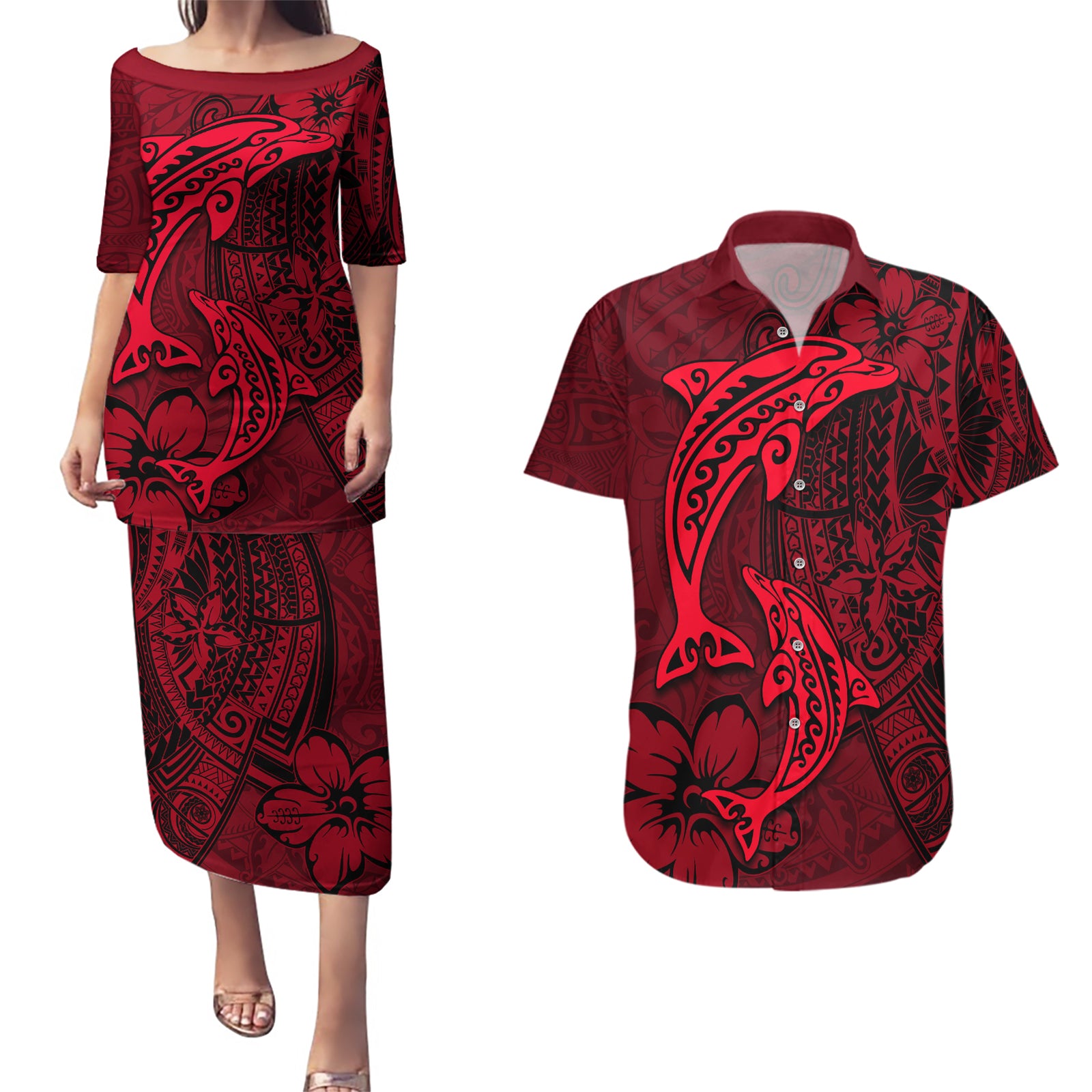 Polynesian Dolphin Valentine Day Couples Matching Puletasi and Hawaiian Shirt Hibiscus and Tribal Tattoo Red Style LT03 Red - Polynesian Pride