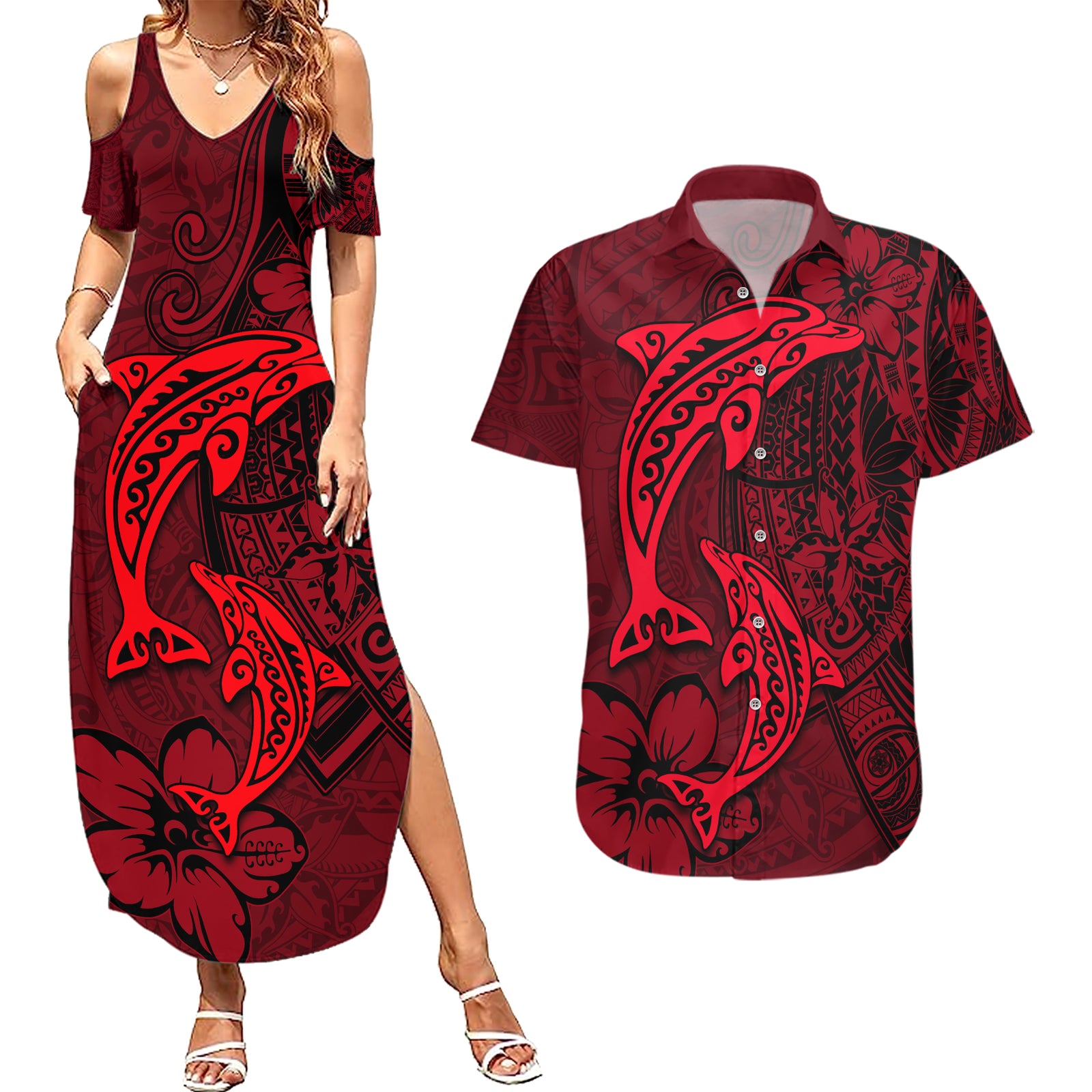 Polynesian Dolphin Valentine Day Couples Matching Summer Maxi Dress and Hawaiian Shirt Hibiscus and Tribal Tattoo Red Style LT03 Red - Polynesian Pride