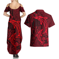 Polynesian Dolphin Valentine Day Couples Matching Summer Maxi Dress and Hawaiian Shirt Hibiscus and Tribal Tattoo Red Style LT03 - Polynesian Pride