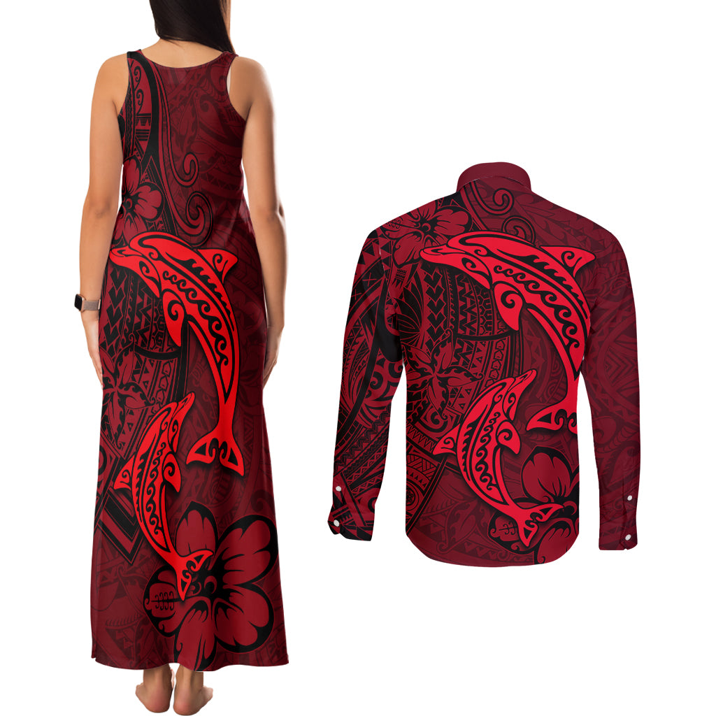 Polynesian Dolphin Valentine Day Couples Matching Tank Maxi Dress and Long Sleeve Button Shirt Hibiscus and Tribal Tattoo Red Style LT03 - Polynesian Pride