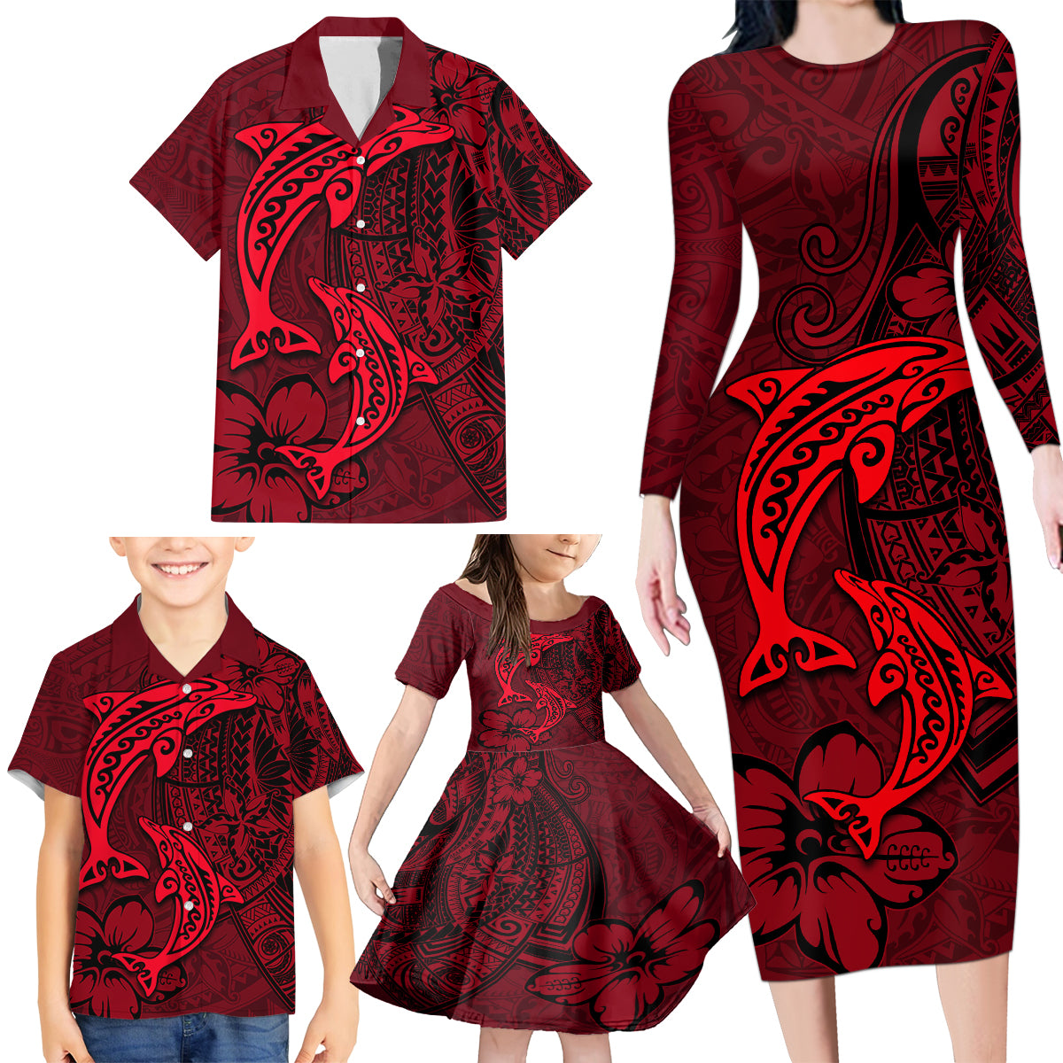 Polynesian Dolphin Valentine Day Family Matching Long Sleeve Bodycon Dress and Hawaiian Shirt Hibiscus and Tribal Tattoo Red Style LT03 - Polynesian Pride