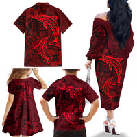 Polynesian Dolphin Valentine Day Family Matching Off Shoulder Long Sleeve Dress and Hawaiian Shirt Hibiscus and Tribal Tattoo Red Style LT03 - Polynesian Pride