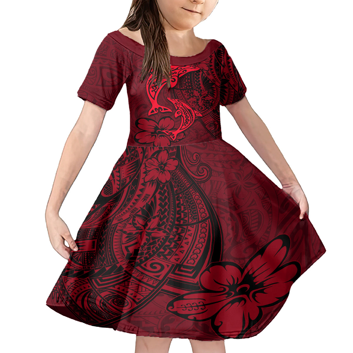 Polynesian Dolphin Valentine Day Family Matching Off Shoulder Short Dress and Hawaiian Shirt Hibiscus and Tribal Tattoo Red Style LT03 Daughter's Dress Red - Polynesian Pride