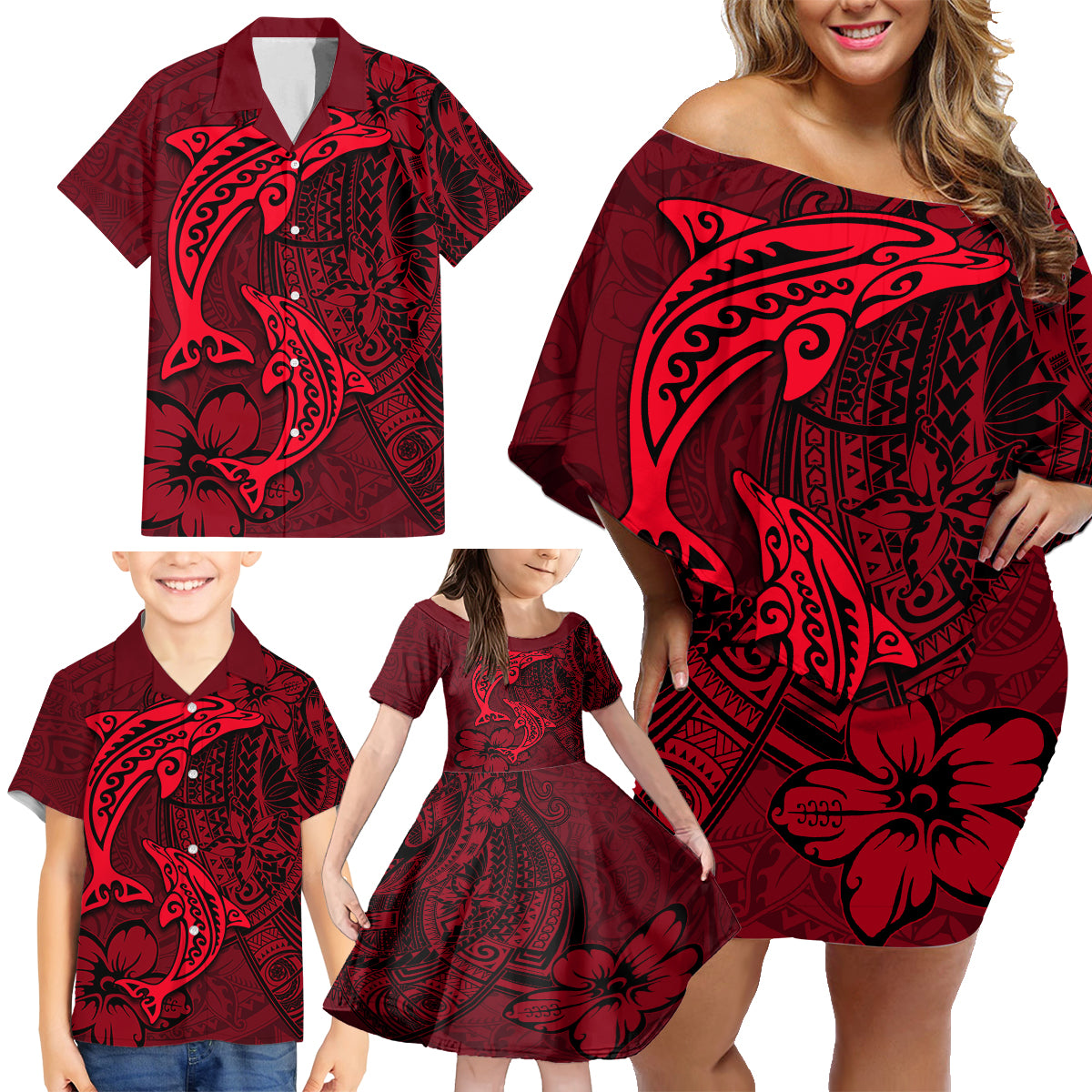 Polynesian Dolphin Valentine Day Family Matching Off Shoulder Short Dress and Hawaiian Shirt Hibiscus and Tribal Tattoo Red Style LT03 - Polynesian Pride