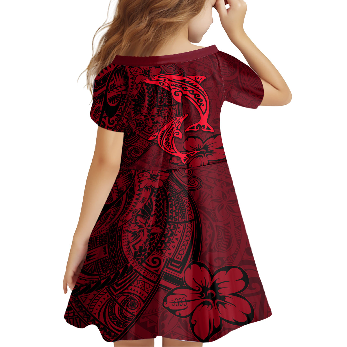 Polynesian Dolphin Valentine Day Family Matching Puletasi and Hawaiian Shirt Hibiscus and Tribal Tattoo Red Style LT03 - Polynesian Pride