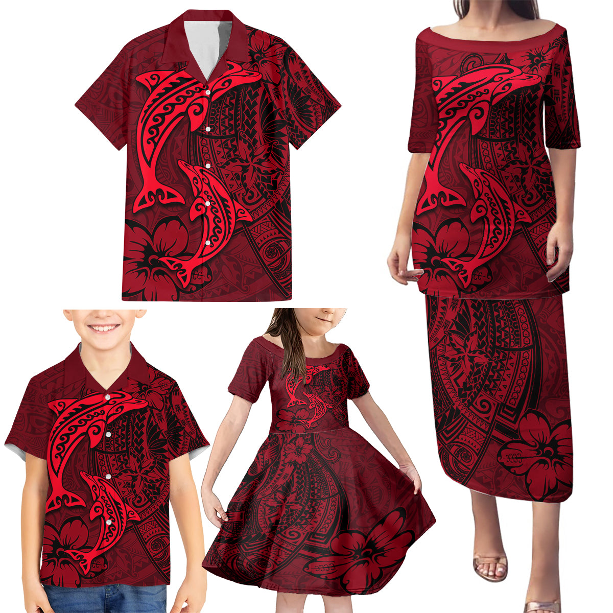 Polynesian Dolphin Valentine Day Family Matching Puletasi and Hawaiian Shirt Hibiscus and Tribal Tattoo Red Style LT03 - Polynesian Pride