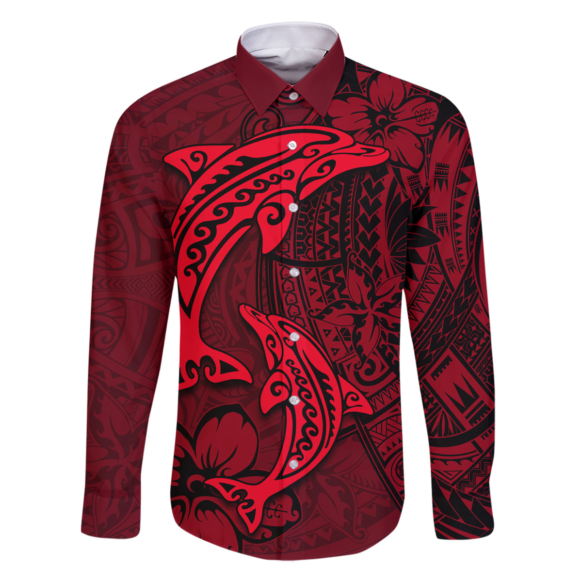 Polynesian Dolphin Valentine Day Family Matching Short Sleeve Bodycon Dress and Hawaiian Shirt Hibiscus and Tribal Tattoo Red Style LT03 Dad's Shirt - Long Sleeve Red - Polynesian Pride
