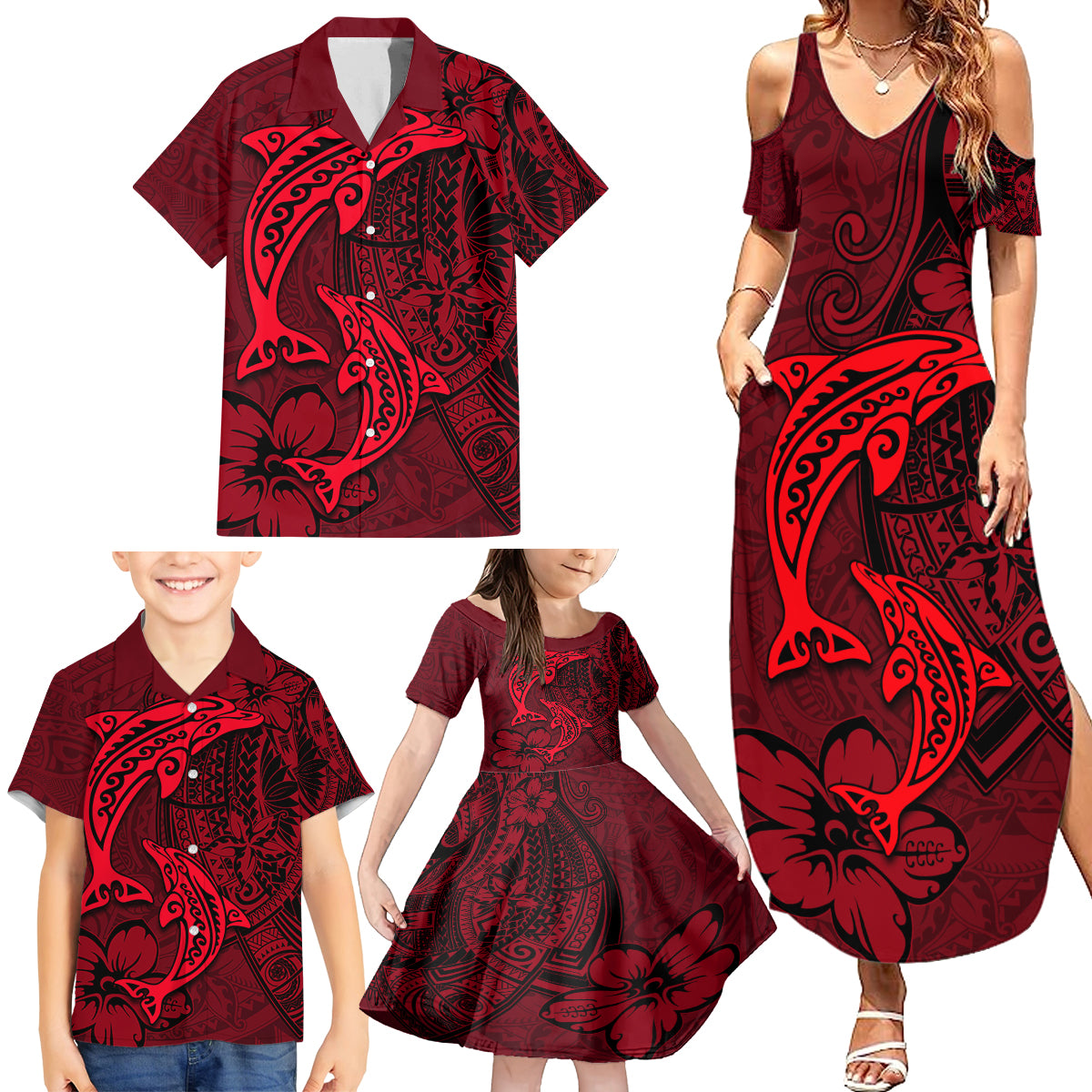 Polynesian Dolphin Valentine Day Family Matching Summer Maxi Dress and Hawaiian Shirt Hibiscus and Tribal Tattoo Red Style LT03 - Polynesian Pride