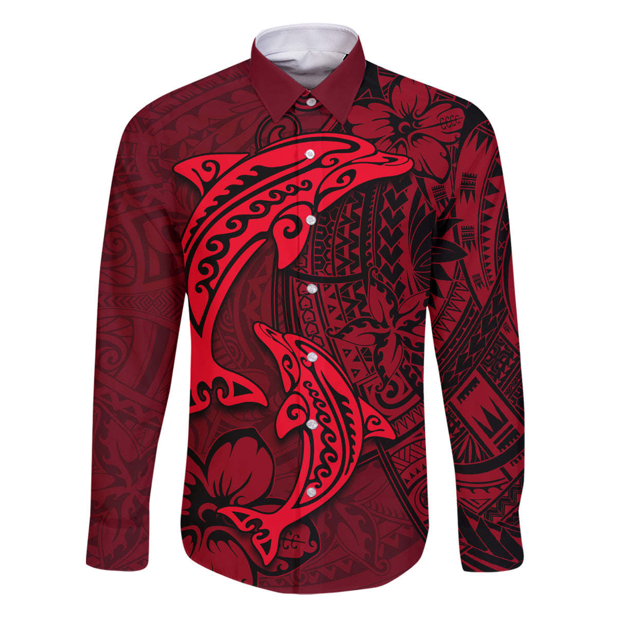 Polynesian Dolphin Valentine Day Family Matching Summer Maxi Dress and Hawaiian Shirt Hibiscus and Tribal Tattoo Red Style LT03 Dad's Shirt - Long Sleeve Red - Polynesian Pride