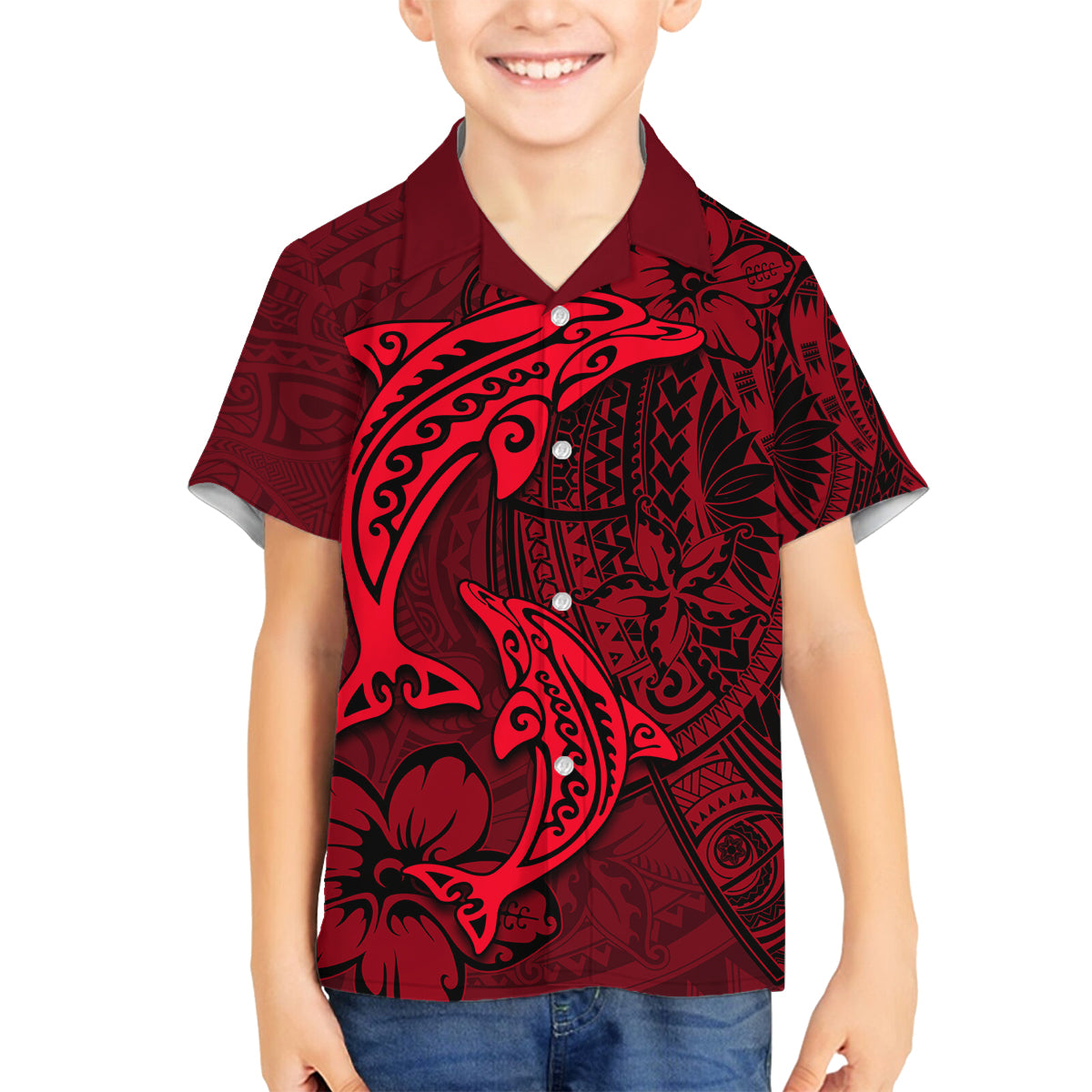 Polynesian Dolphin Valentine Day Family Matching Summer Maxi Dress and Hawaiian Shirt Hibiscus and Tribal Tattoo Red Style LT03 Son's Shirt Red - Polynesian Pride