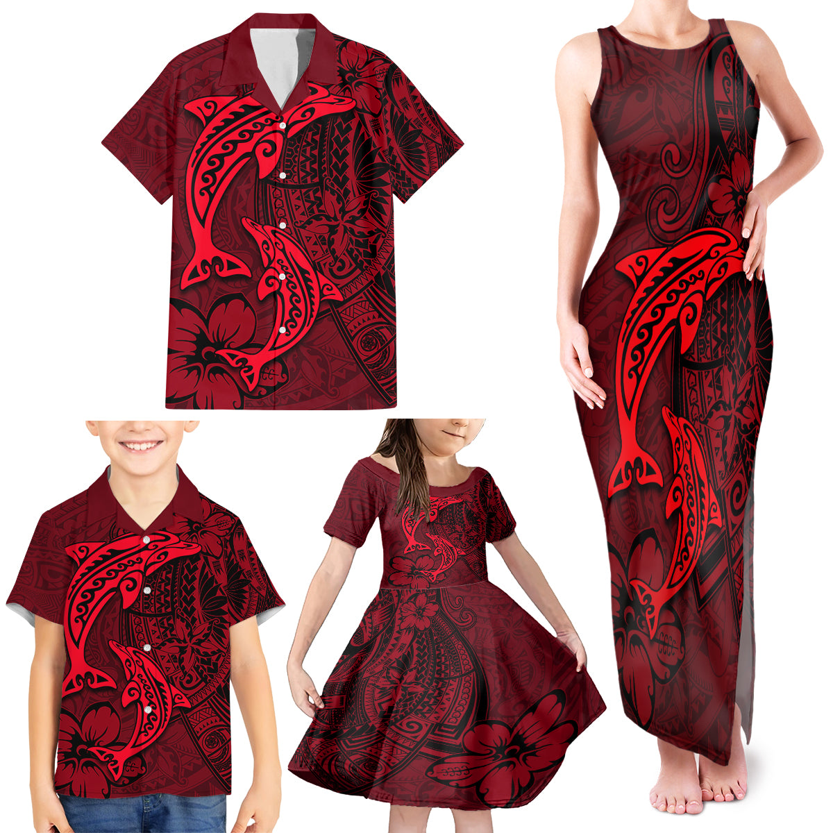 Polynesian Dolphin Valentine Day Family Matching Tank Maxi Dress and Hawaiian Shirt Hibiscus and Tribal Tattoo Red Style LT03 - Polynesian Pride