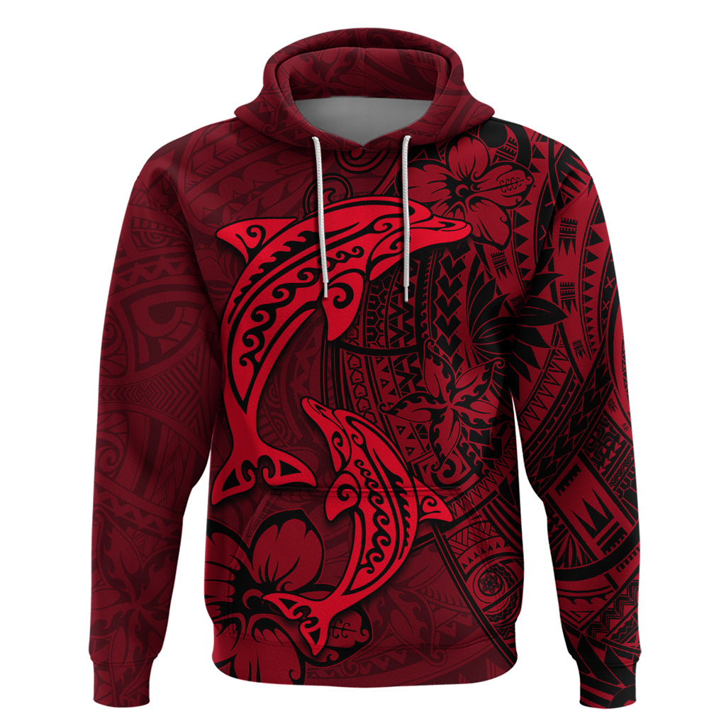 Polynesian Dolphin Valentine Day Hoodie Hibiscus and Tribal Tattoo Red Style LT03 Pullover Hoodie Red - Polynesian Pride