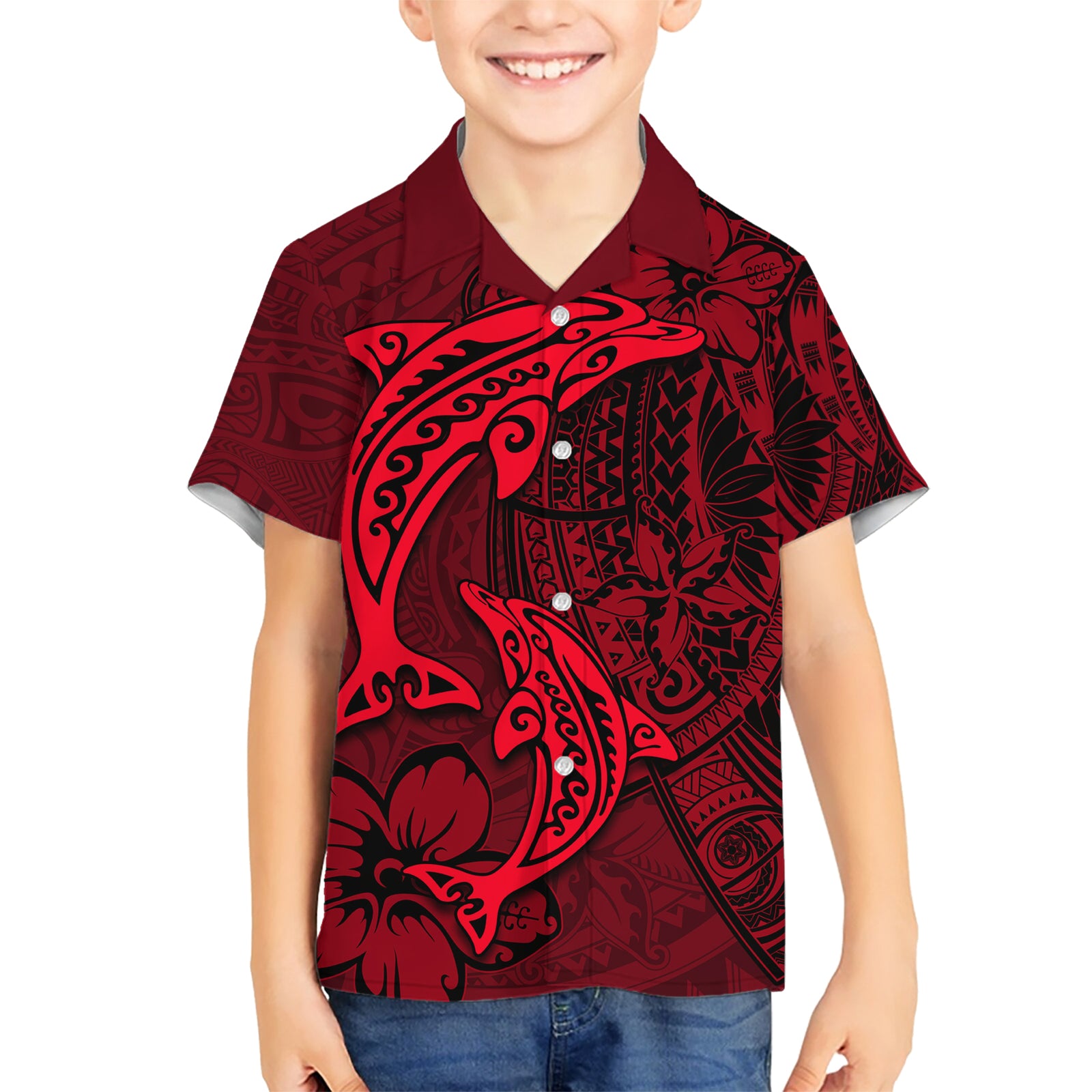 Polynesian Dolphin Valentine Day Kid Hawaiian Shirt Hibiscus and Tribal Tattoo Red Style LT03 Kid Red - Polynesian Pride