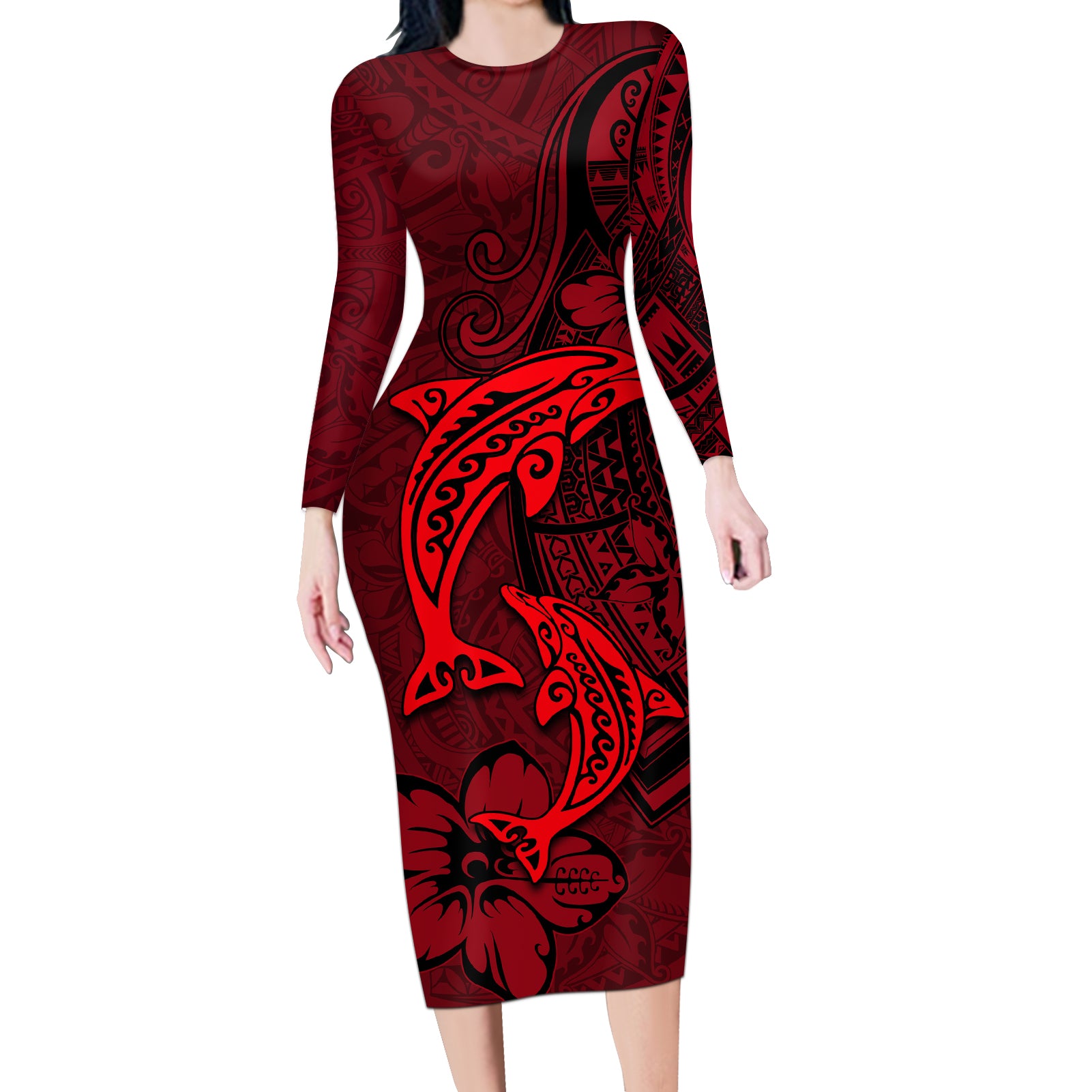 Polynesian Dolphin Valentine Day Long Sleeve Bodycon Dress Hibiscus and Tribal Tattoo Red Style LT03 Long Dress Red - Polynesian Pride