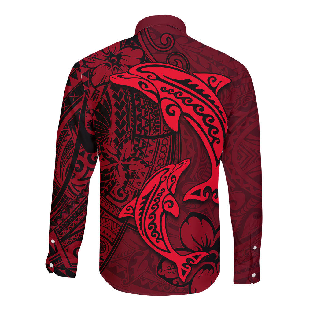 Polynesian Dolphin Valentine Day Long Sleeve Button Shirt Hibiscus and Tribal Tattoo Red Style LT03 - Polynesian Pride