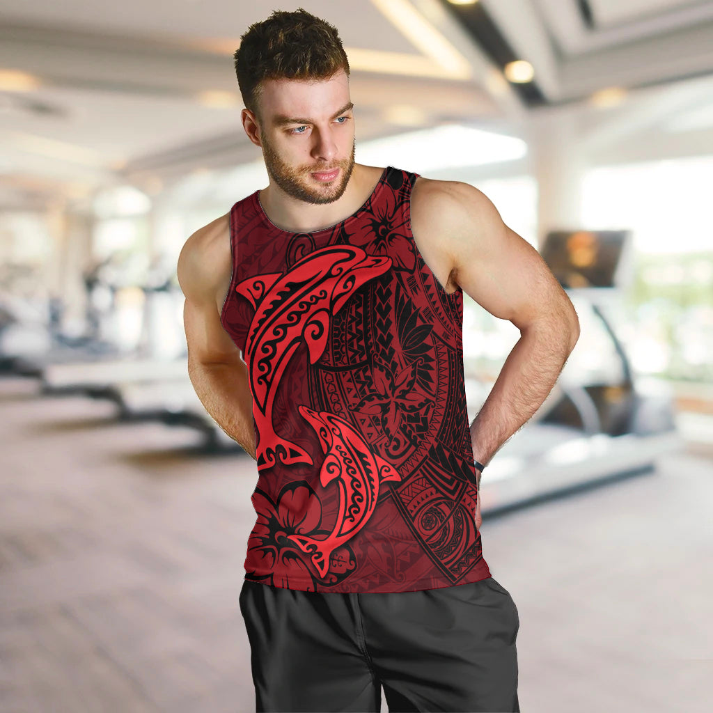 Polynesian Dolphin Valentine Day Men Tank Top Hibiscus and Tribal Tattoo Red Style LT03 Red - Polynesian Pride