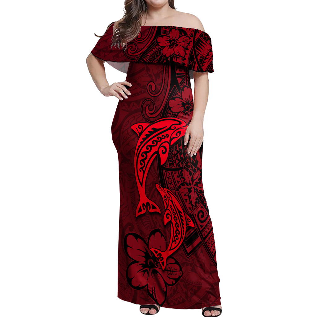 Polynesian Dolphin Valentine Day Off Shoulder Maxi Dress Hibiscus and Tribal Tattoo Red Style LT03 Women Red - Polynesian Pride