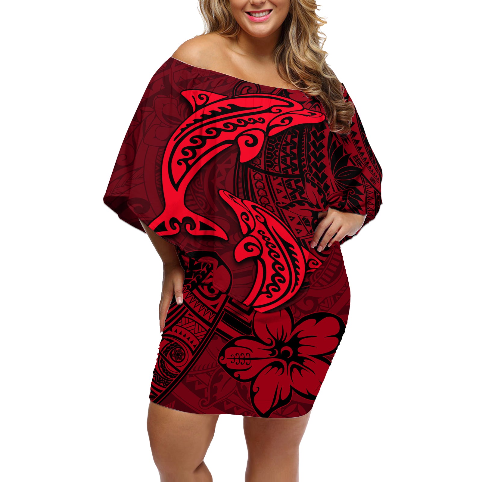 Polynesian Dolphin Valentine Day Off Shoulder Short Dress Hibiscus and Tribal Tattoo Red Style LT03 Women Red - Polynesian Pride