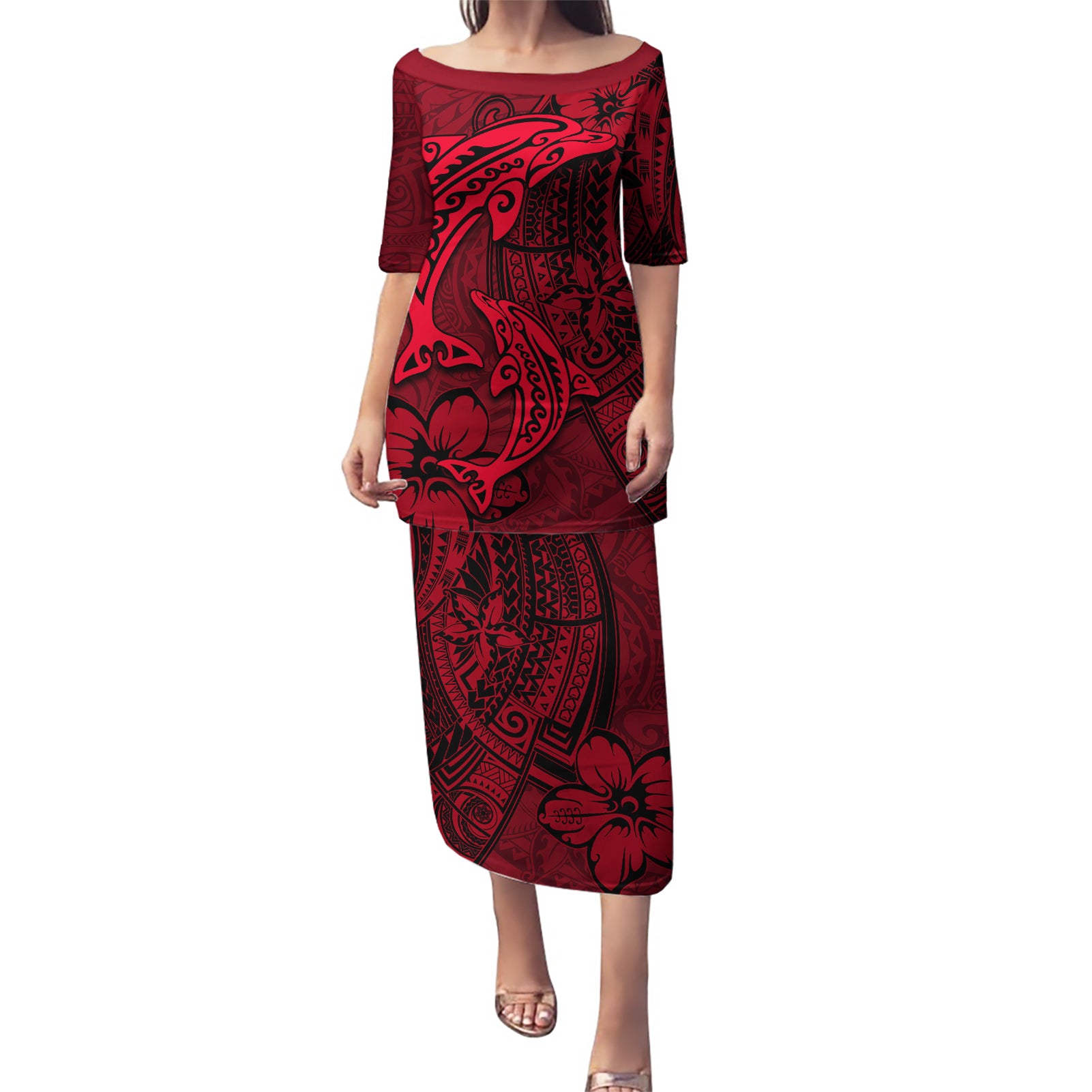 Polynesian Dolphin Valentine Day Puletasi Hibiscus and Tribal Tattoo Red Style LT03 Long Dress Red - Polynesian Pride