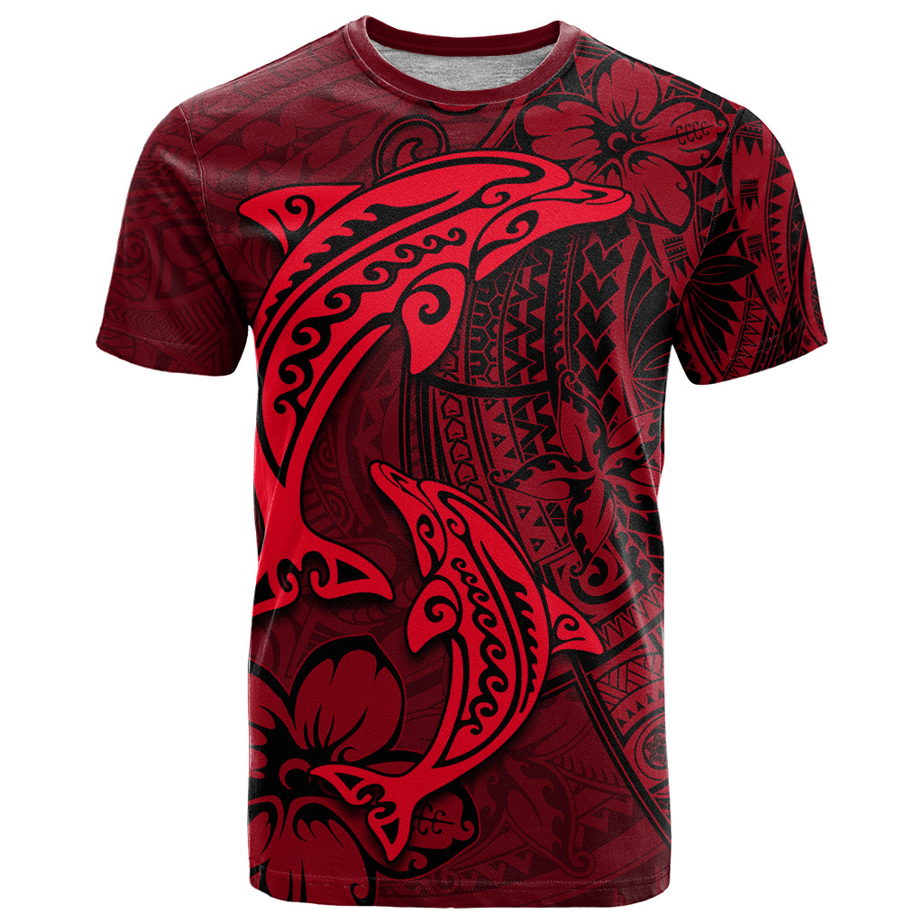 Polynesian Dolphin Valentine Day T Shirt Hibiscus and Tribal Tattoo Red Style LT03 Red - Polynesian Pride