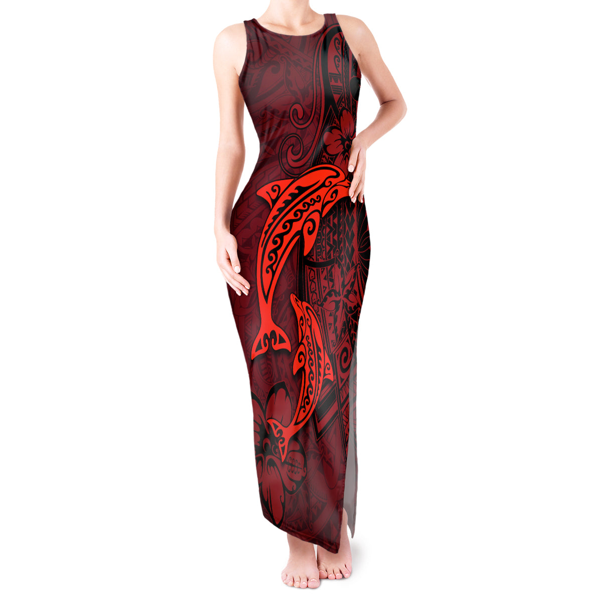 Polynesian Dolphin Valentine Day Tank Maxi Dress Hibiscus and Tribal Tattoo Red Style LT03 Women Red - Polynesian Pride