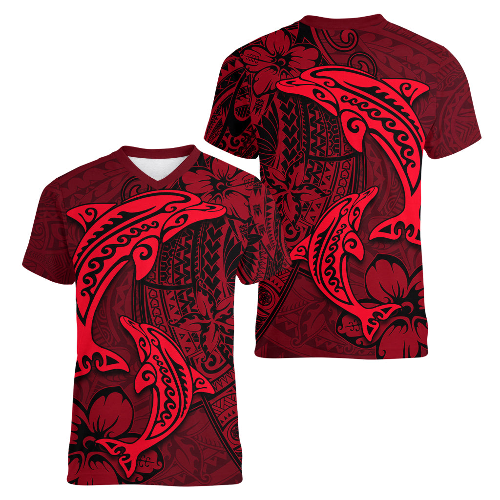 Polynesian Dolphin Valentine Day Women V Neck T Shirt Hibiscus and Tribal Tattoo Red Style LT03 - Polynesian Pride