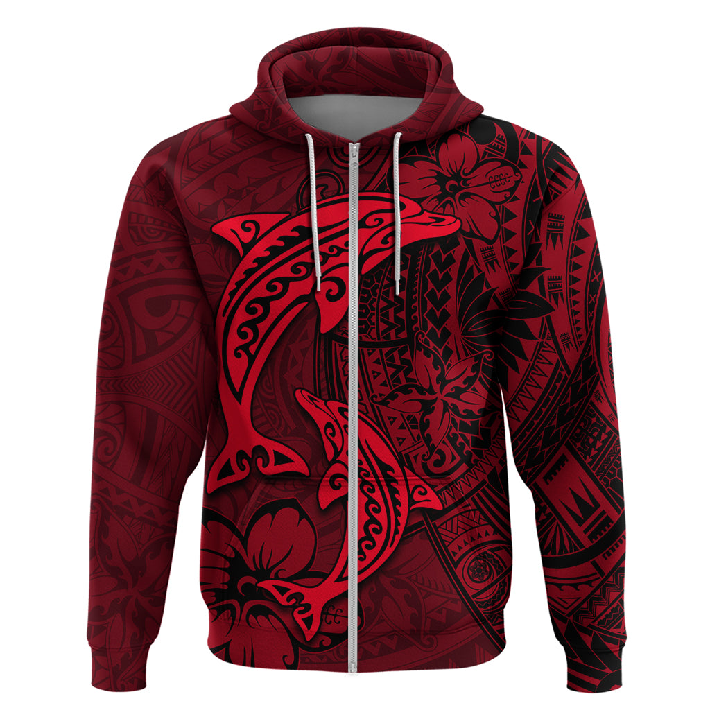 Polynesian Dolphin Valentine Day Zip Hoodie Hibiscus and Tribal Tattoo Red Style LT03 Zip Hoodie Red - Polynesian Pride