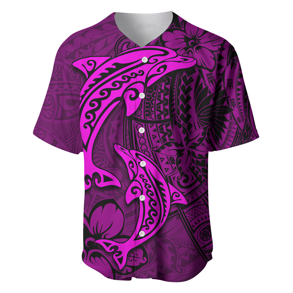 Polynesian Dolphin Valentine Day Baseball Jersey Hibiscus and Tribal Tattoo Pink Style LT03 Pink - Polynesian Pride