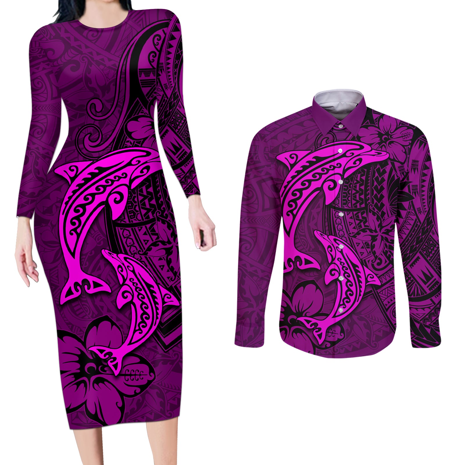 Polynesian Dolphin Valentine Day Couples Matching Long Sleeve Bodycon Dress and Long Sleeve Button Shirt Hibiscus and Tribal Tattoo Pink Style LT03 Pink - Polynesian Pride