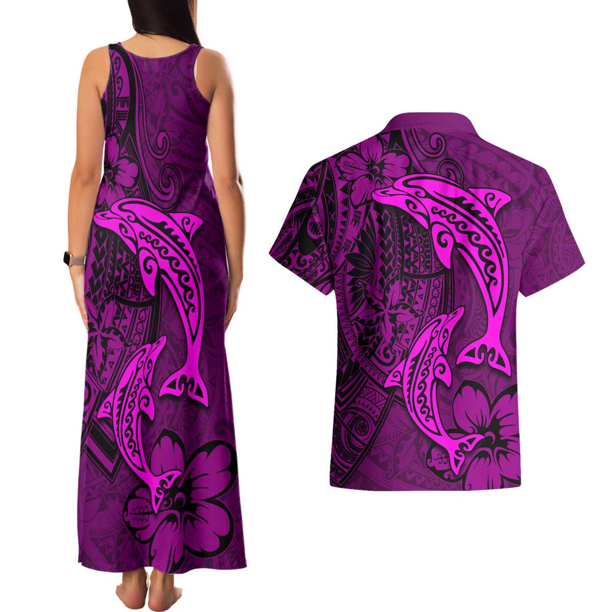 Polynesian Dolphin Valentine Day Couples Matching Tank Maxi Dress and Hawaiian Shirt Hibiscus and Tribal Tattoo Pink Style LT03 - Polynesian Pride