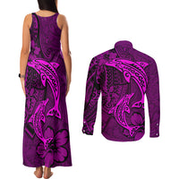 Polynesian Dolphin Valentine Day Couples Matching Tank Maxi Dress and Long Sleeve Button Shirt Hibiscus and Tribal Tattoo Pink Style LT03 - Polynesian Pride